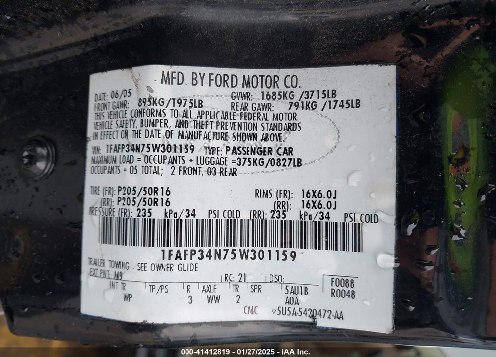 2005 FORD FOCUS ZX4 VIN: 1FAFP34N75W301159