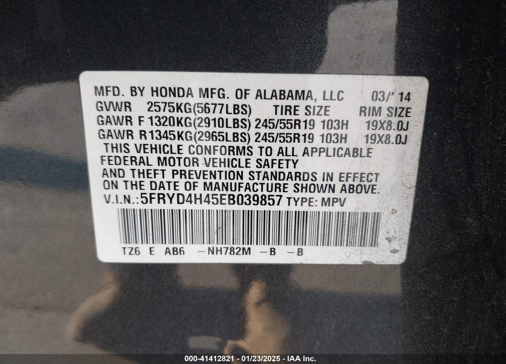 2014 ACURA MDX TECHNOLOGY PACKAGE VIN: 5FRYD4H45EB039857