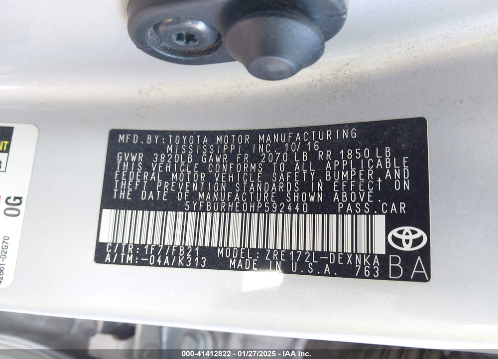 2017 TOYOTA COROLLA VIN: 5YFBURHE0HP592440
