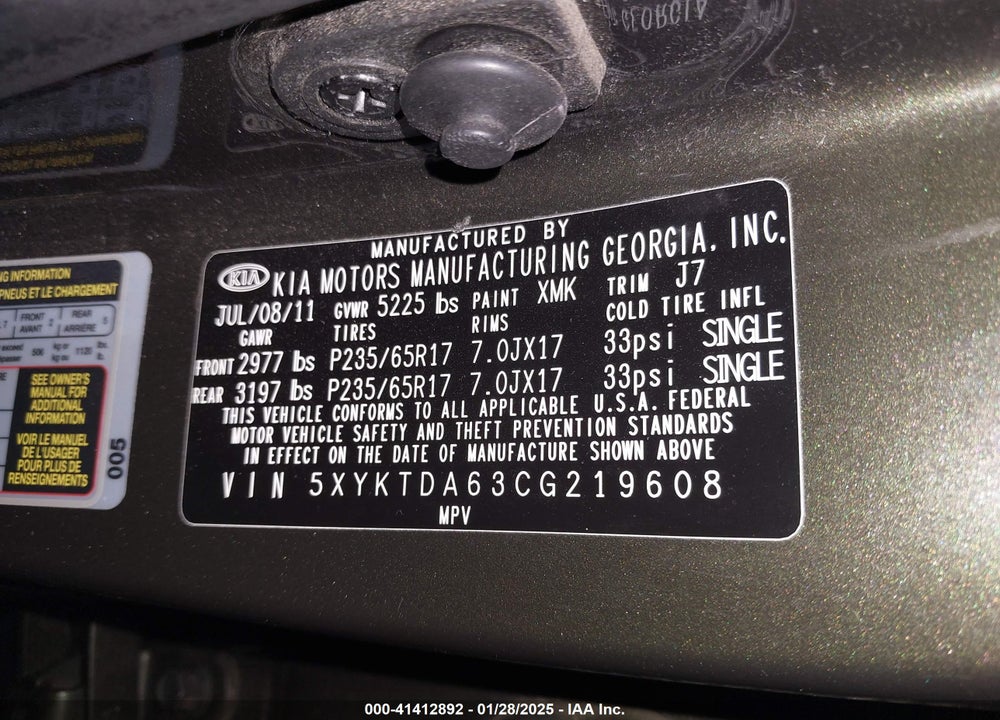 2012 KIA SORENTO LX VIN: 5XYKTDA63CG219608