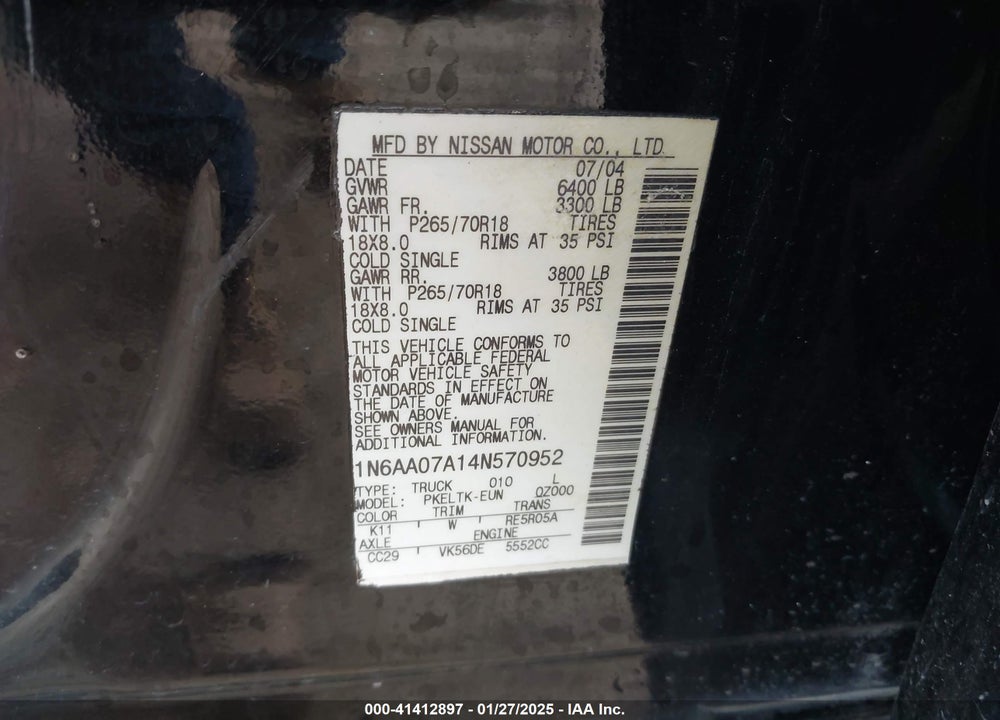 2004 NISSAN TITAN SE VIN: 1N6AA07A14N570952