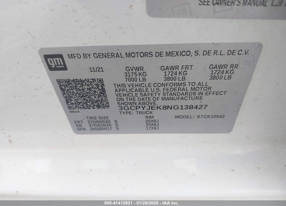 2022 CHEVROLET SILVERADO 1500 LTD VIN: 3GCPYJEK8NG138427