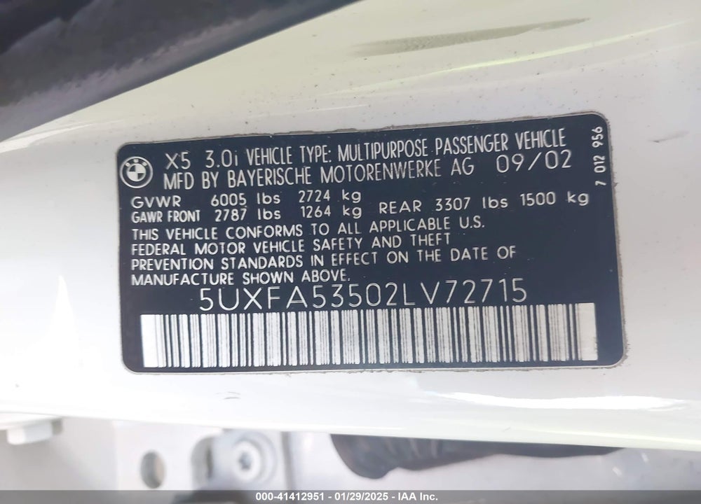 2002 BMW X5 3.0I VIN: 5UXFA53502LV72715