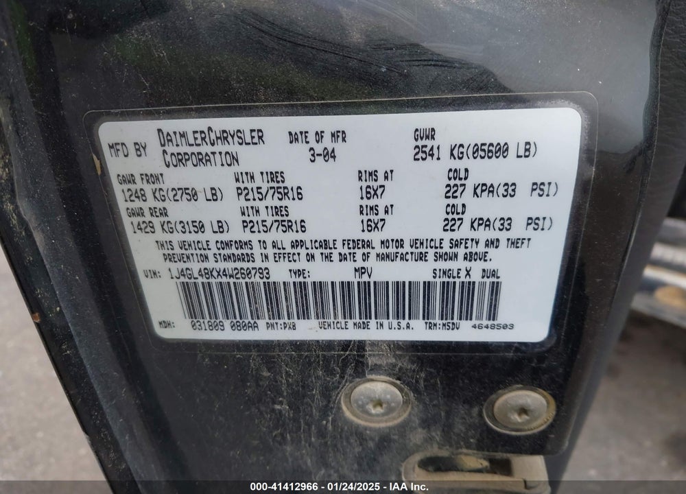 2004 JEEP LIBERTY VIN: 1J4GL48KX4W260793