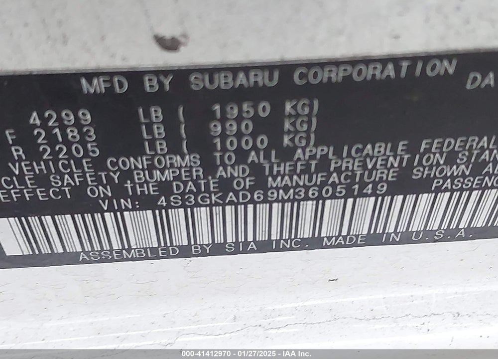 2021 SUBARU IMPREZA VIN: 4S3GKAD69M3605149