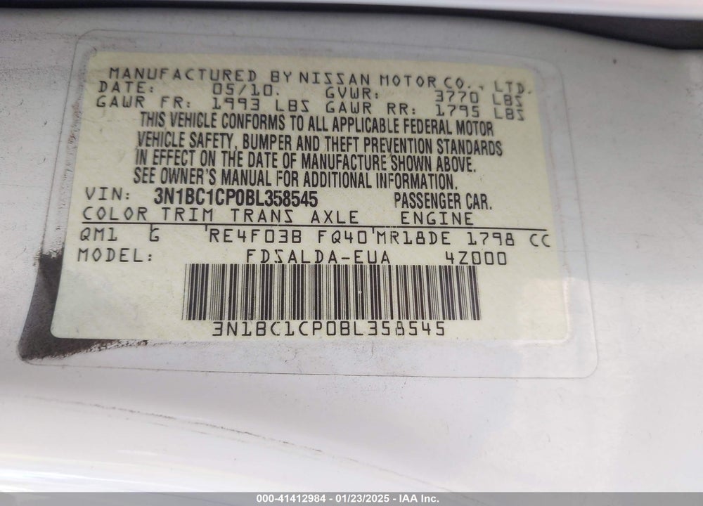 2011 NISSAN VERSA VIN: 3N1BC1CP0BL358545