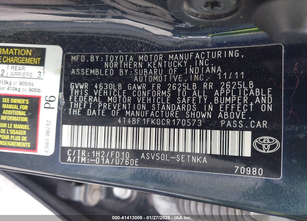 2012 TOYOTA CAMRY VIN: 4T4BF1FK0CR170573