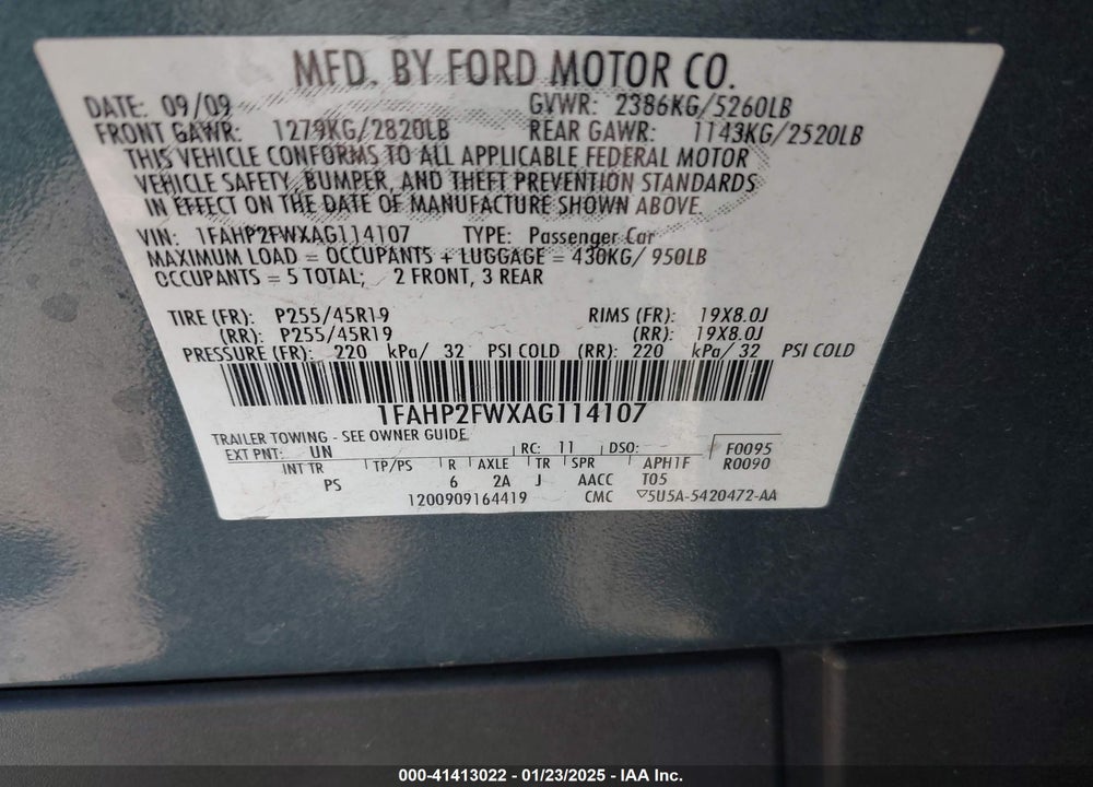 2010 FORD TAURUS VIN: 1FAHP2FWXAG114107