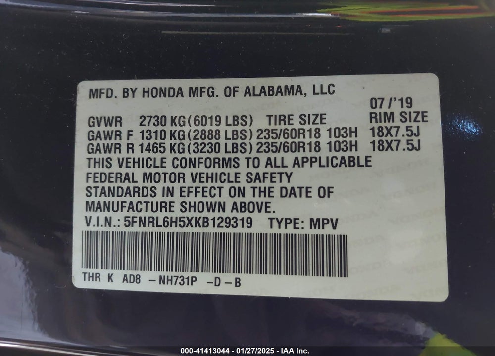 2019 HONDA ODYSSEY EX VIN: 5FNRL6H5XKB129319