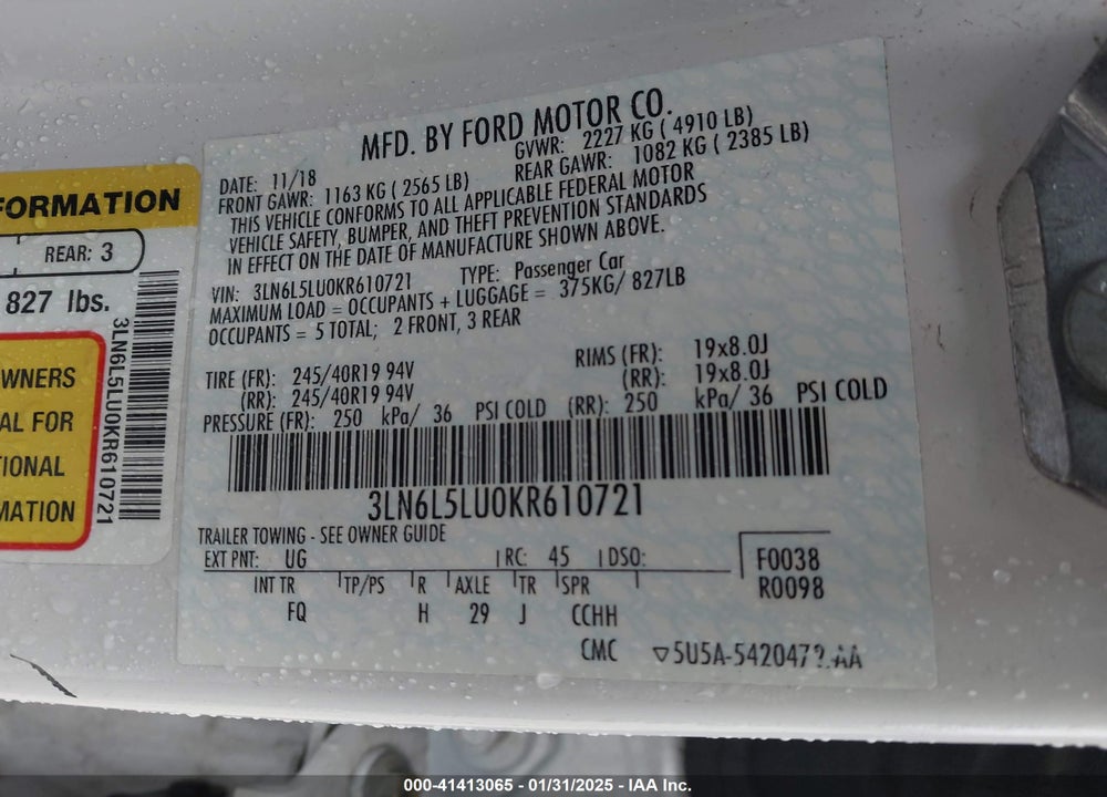 2019 LINCOLN MKZ HYBRID VIN: 3LN6L5LU0KR610721