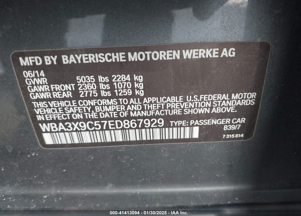 2014 BMW 335I GRAN TURISMO VIN: WBA3X9C57ED867929