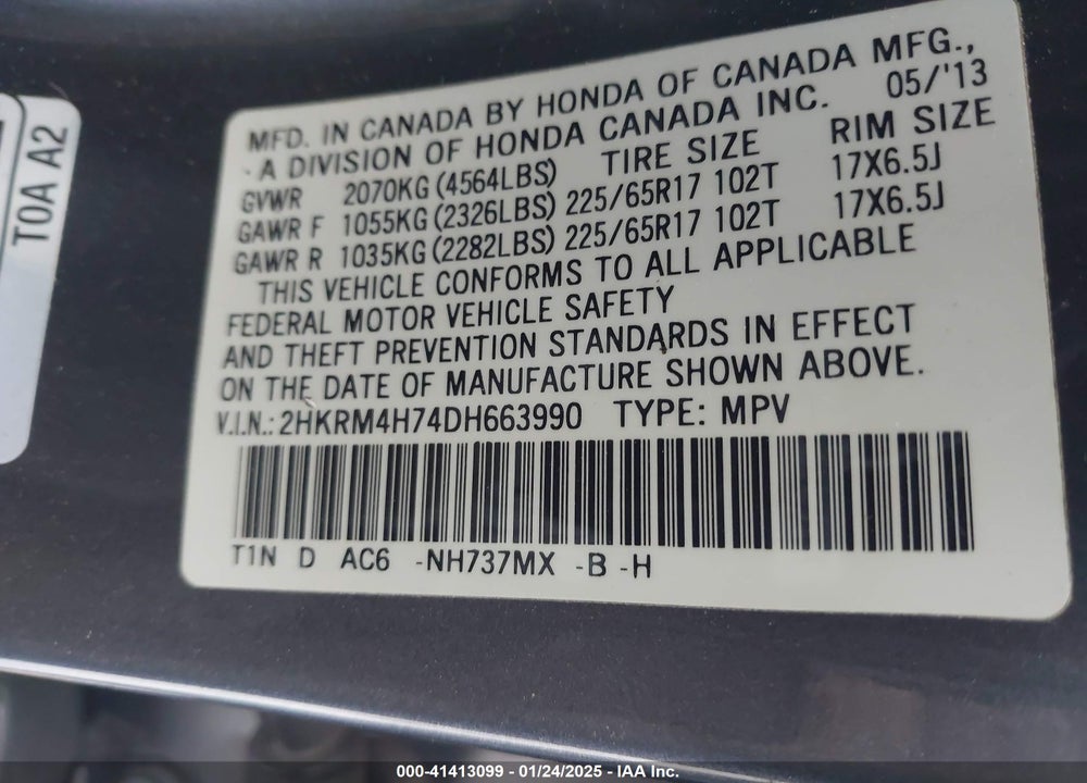 2013 HONDA CR-V EX-L VIN: 2HKRM4H74DH663990