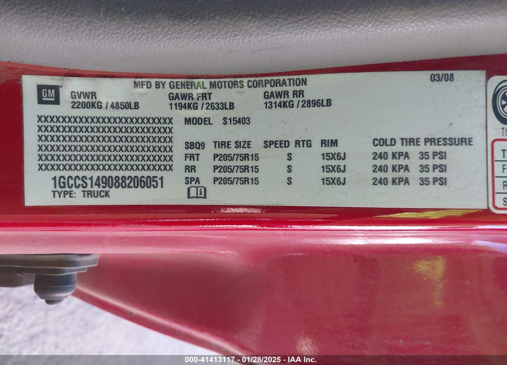 2008 CHEVROLET COLORADO WORK TRUCK VIN: 1GCCS149088206051