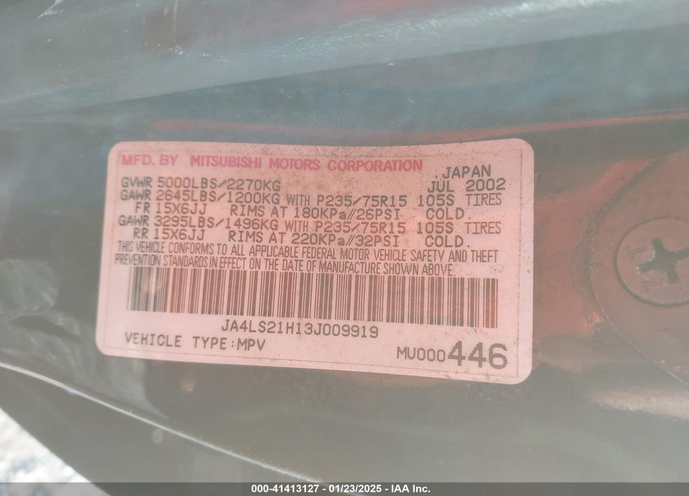 2003 MITSUBISHI MONTERO SPORT ES/LS VIN: JA4LS21H13J009919