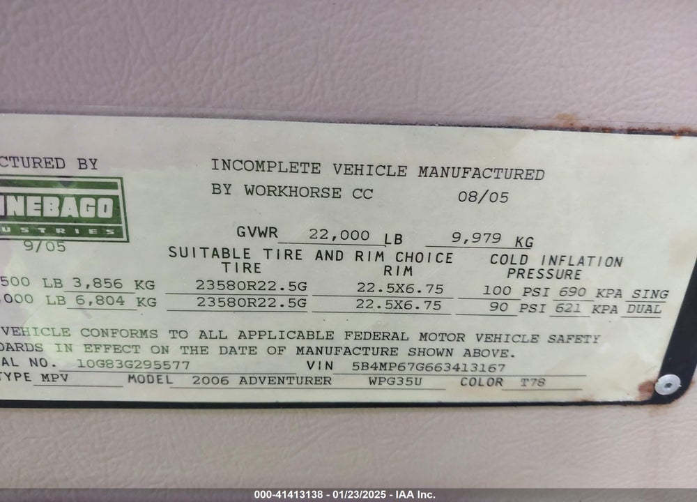 2006 WINNEBAGO ADVENTURER VIN: 5B4MP67G663413167