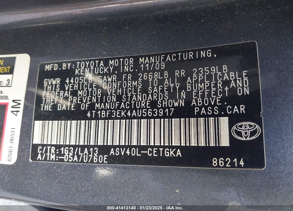2010 TOYOTA CAMRY VIN: 4T1BF3EK4AU563917