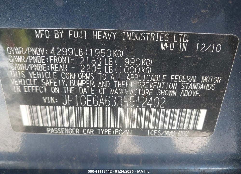 2011 SUBARU IMPREZA VIN: JF1GE6A63BH512402