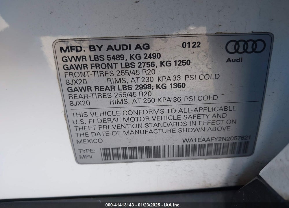 2022 AUDI Q5 PREMIUM PLUS 45 TFSI S LINE QUATTRO S TRONIC VIN: WA1EAAFY2N2057621