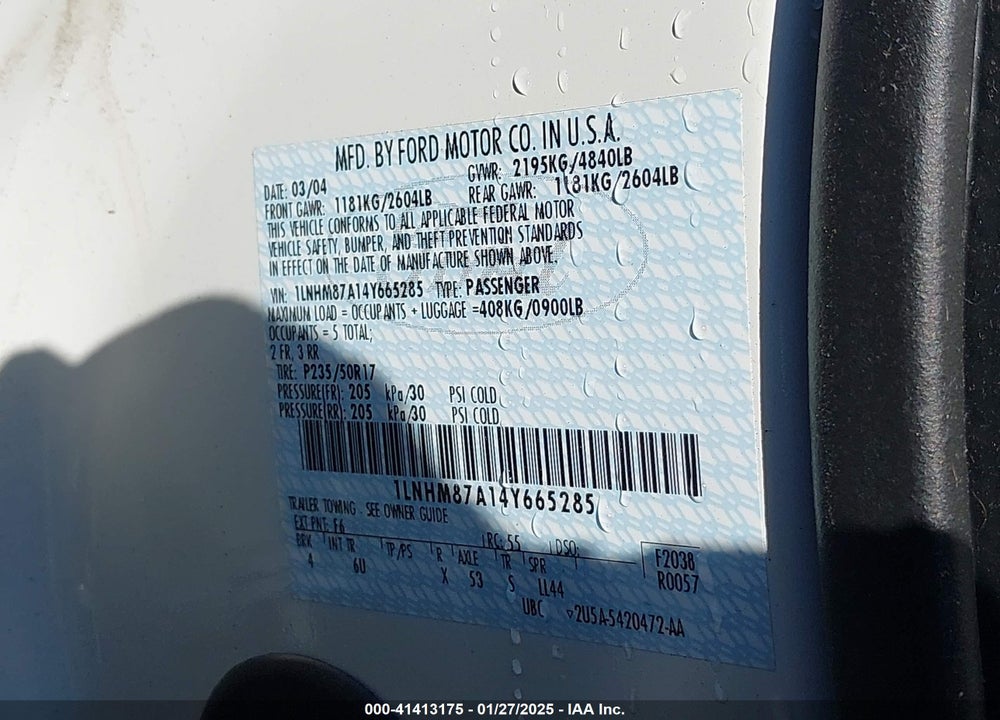 2004 LINCOLN LS V8 VIN: 1LNHM87A14Y665285