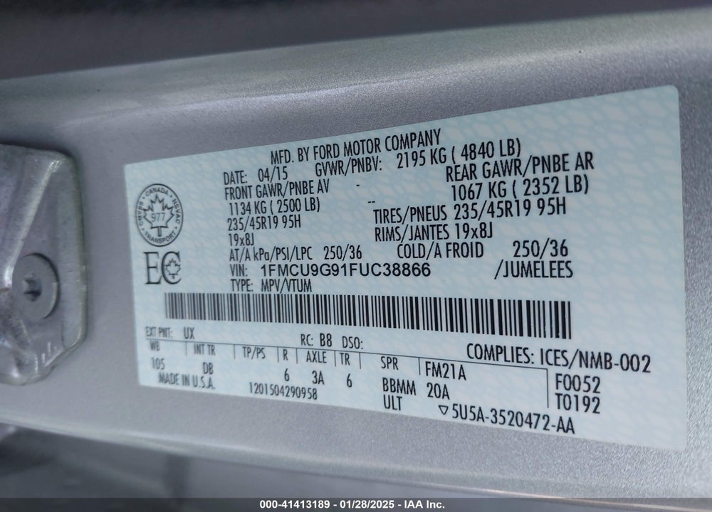 2015 FORD ESCAPE SE VIN: 1FMCU9G91FUC38866