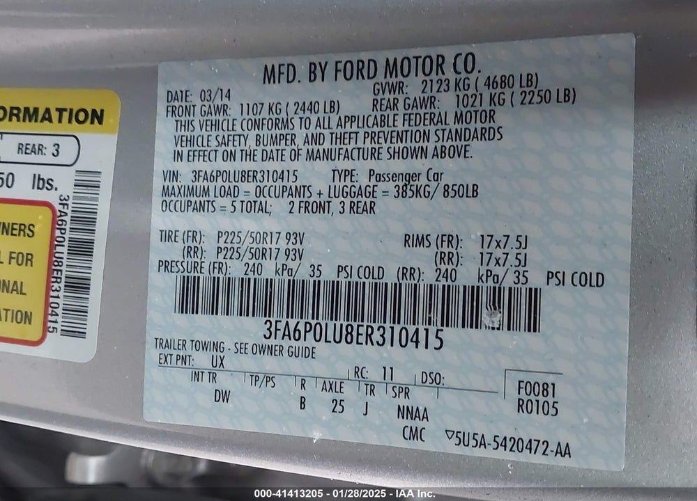 2014 FORD FUSION HYBRID VIN: 3FA6P0LU8ER310415