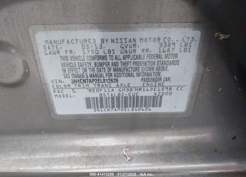 2014 NISSAN VERSA VIN: 3N1CN7AP2EL812626