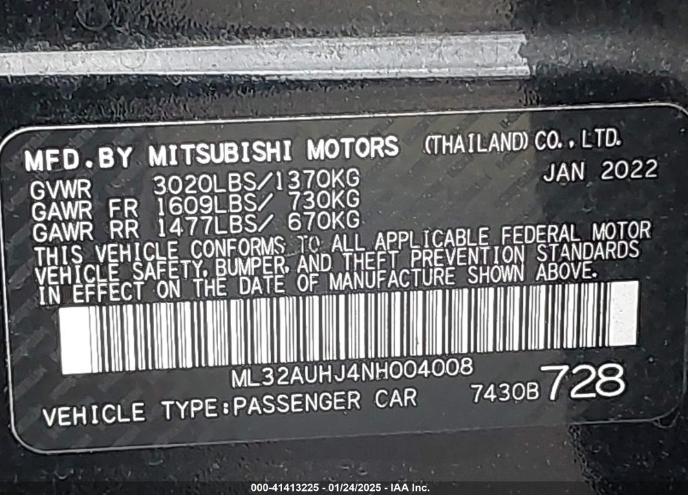 2022 MITSUBISHI MIRAGE VIN: ML32AUHJ4NH004008