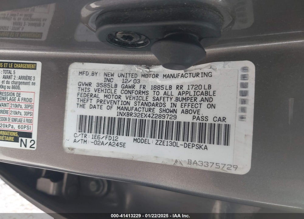 2004 TOYOTA COROLLA S VIN: 1NXBR32EX4Z289729