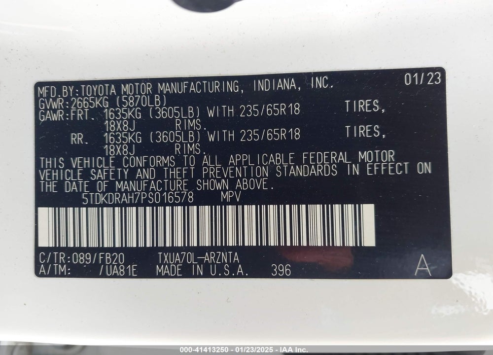 2023 TOYOTA HIGHLANDER LE VIN: 5TDKDRAH7PS016578