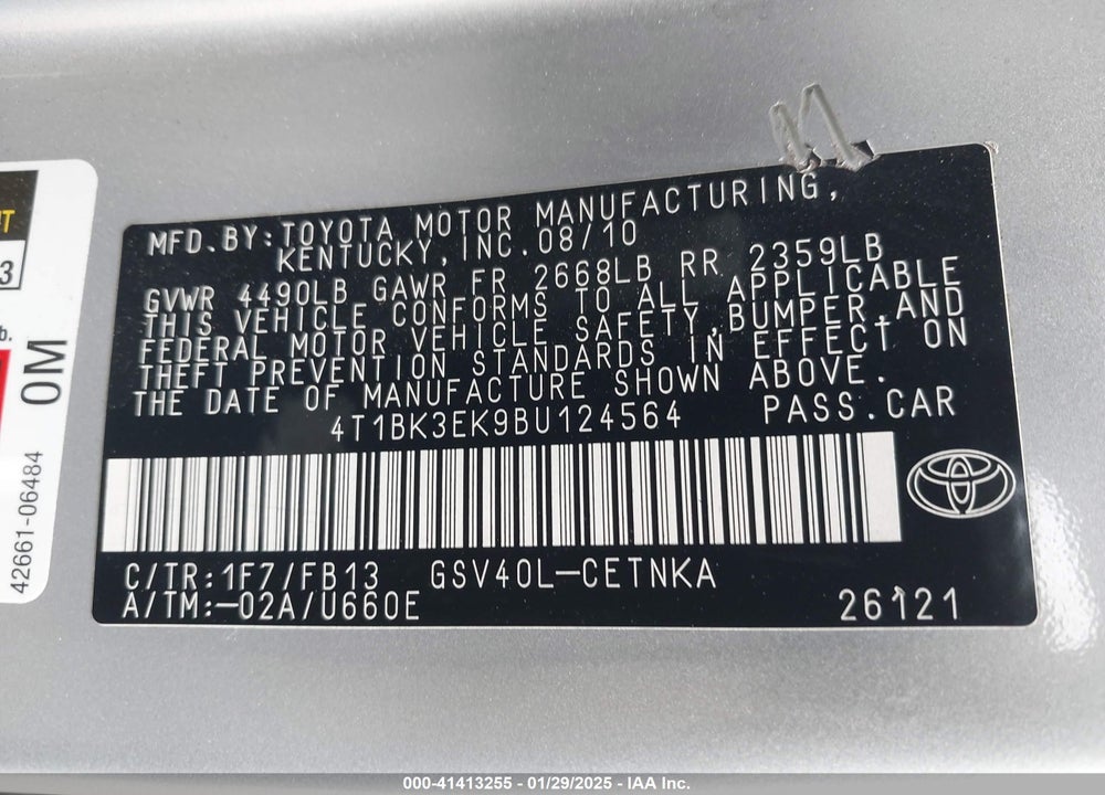 2011 TOYOTA CAMRY VIN: 4T1BK3EK9BU124564