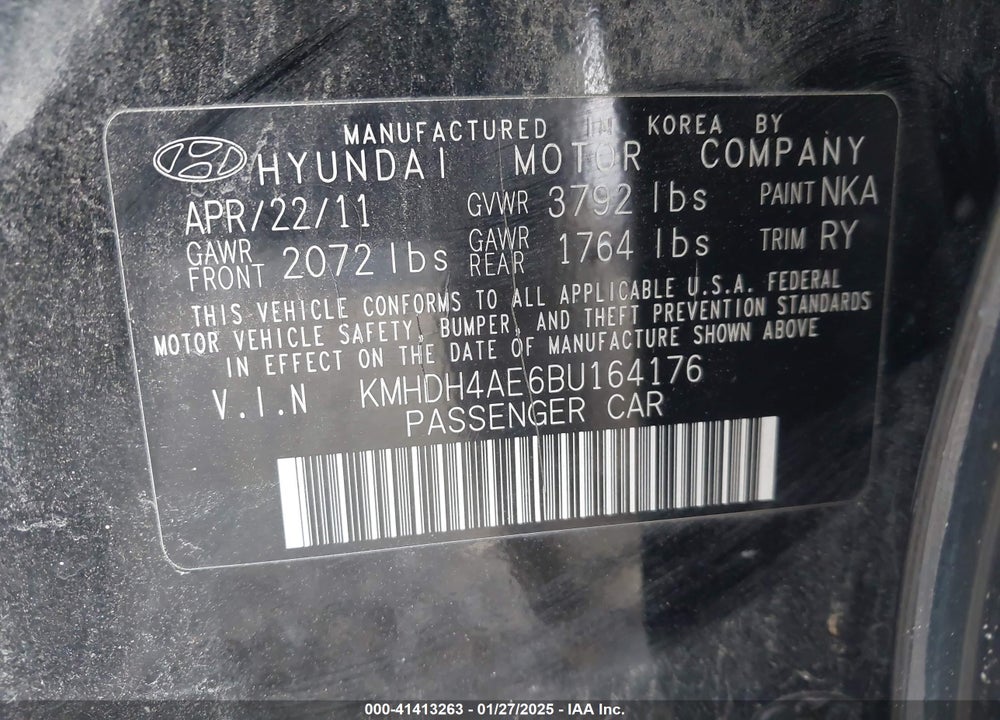 2011 HYUNDAI ELANTRA LIMITED (ULSAN PLANT) VIN: KMHDH4AE6BU164176