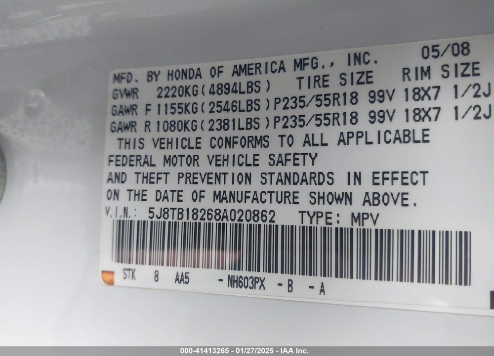 2008 ACURA RDX VIN: 5J8TB18268A020862