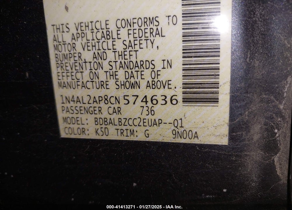 2012 NISSAN ALTIMA 2.5 S VIN: 1N4AL2AP8CN574636