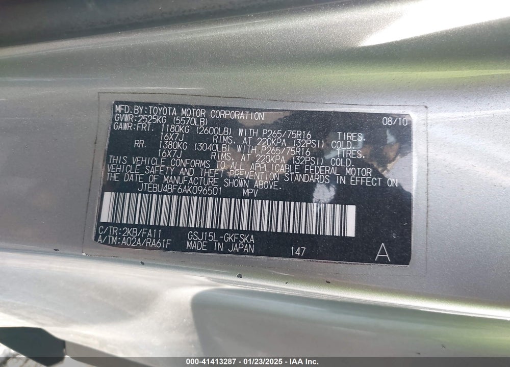 2010 TOYOTA FJ CRUISER VIN: JTEBU4BF6AK096501