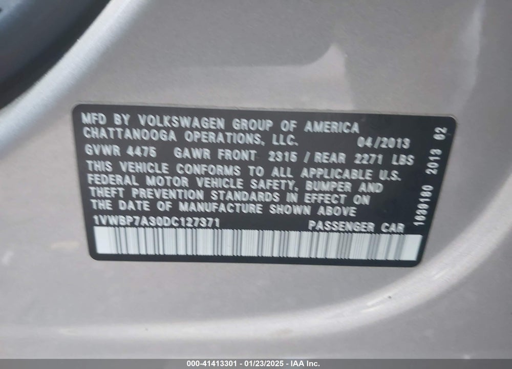 2013 VOLKSWAGEN PASSAT VIN: 1VWBP7A30DC127371