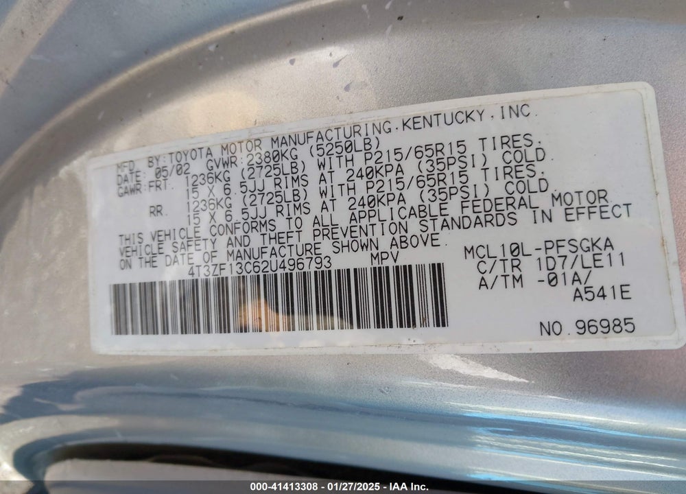 2002 TOYOTA SIENNA XLE VIN: 4T3ZF13C62U496793