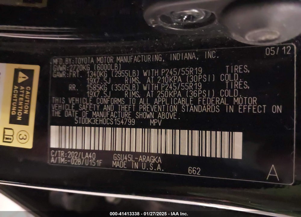2012 TOYOTA HIGHLANDER LIMITED V6 VIN: 5TDDK3EH0CS154799