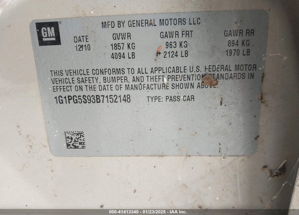2011 CHEVROLET CRUZE 2LT VIN: 1G1PG5S93B7152148