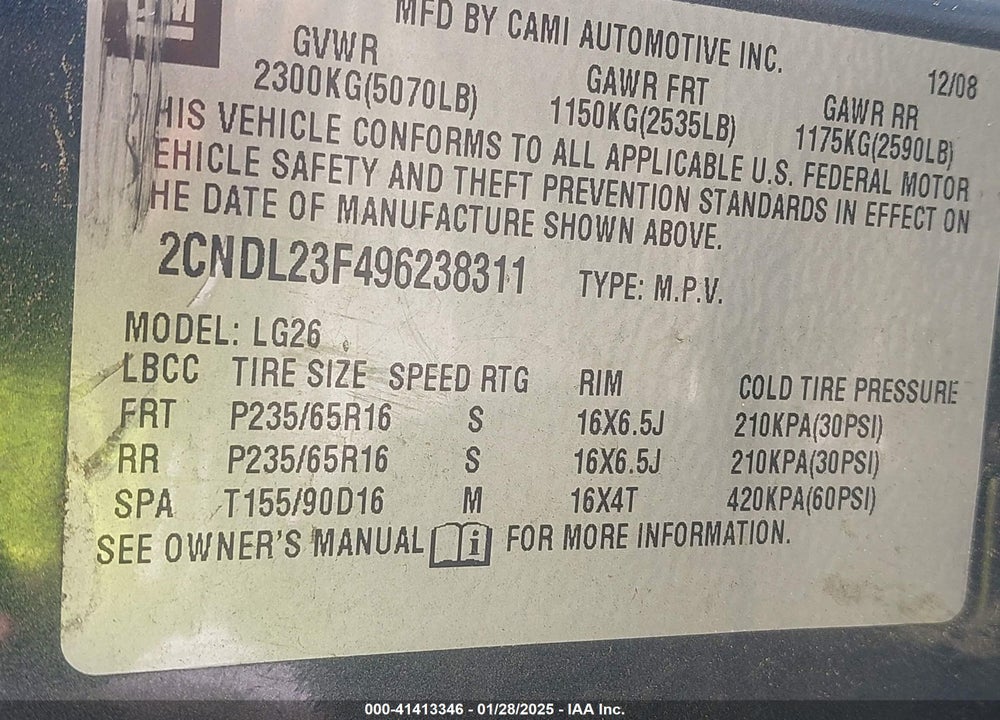 2009 CHEVROLET EQUINOX LS VIN: 2CNDL23F496238311
