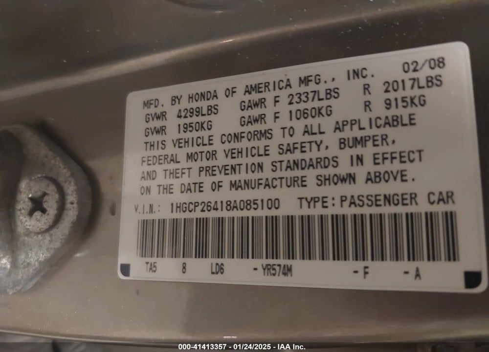 2008 HONDA ACCORD VIN: 1HGCP26418A085100