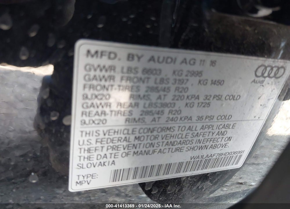 2017 AUDI Q7 3.0T PREMIUM VIN: WA1LAAF78HD036991