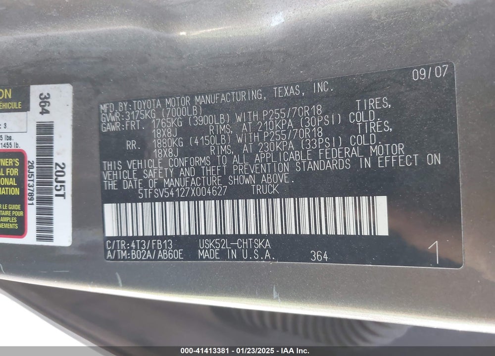 2007 TOYOTA TUNDRA SR5 5.7L V8 VIN: 5TFSV54127X004627