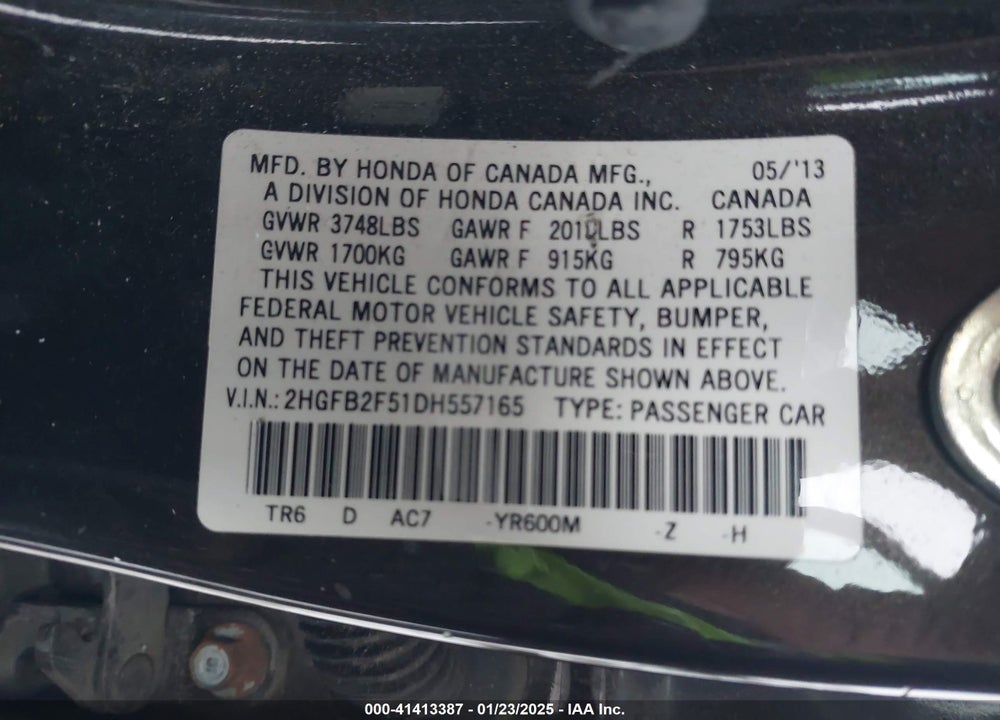 2013 HONDA CIVIC VIN: 2HGFB2F51DH557165