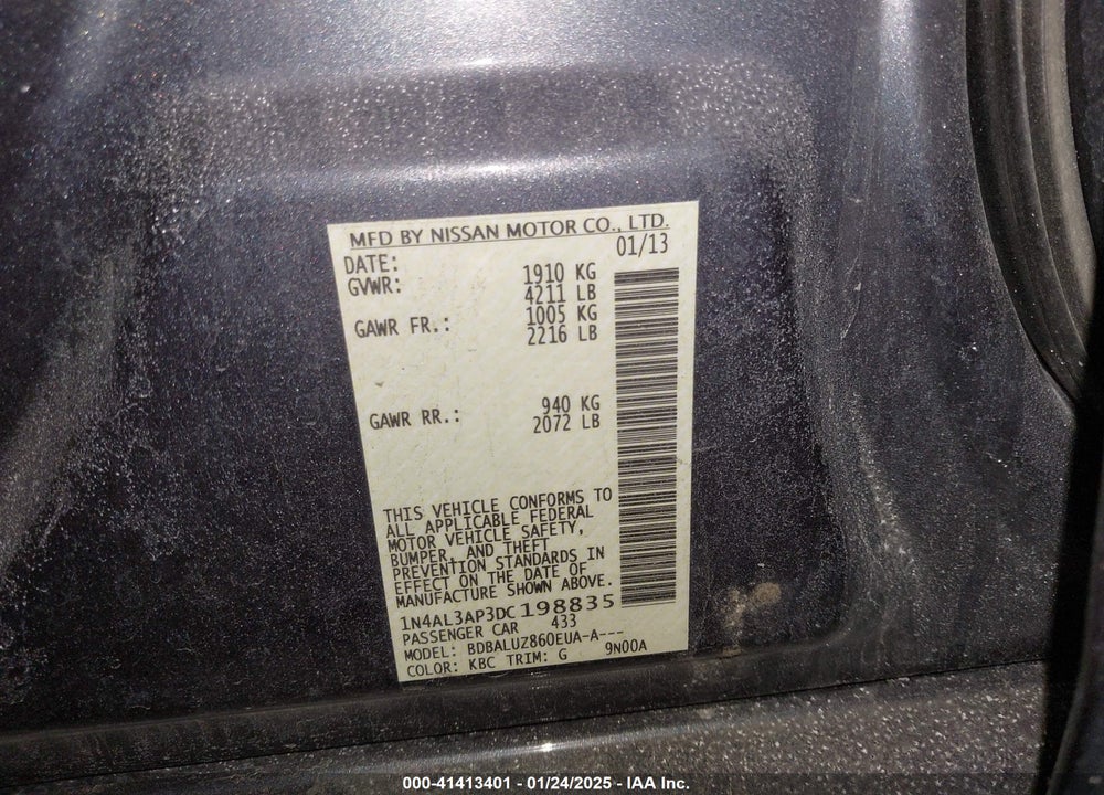 2013 NISSAN ALTIMA VIN: 1N4AL3AP3DC198835