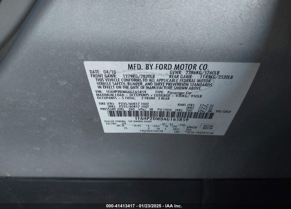2010 FORD TAURUS SE VIN: 1FAHP2DW0AG165859