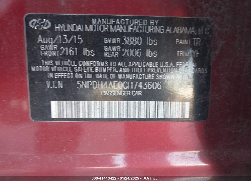 2016 HYUNDAI ELANTRA VIN: 5NPDH4AE0GH743606