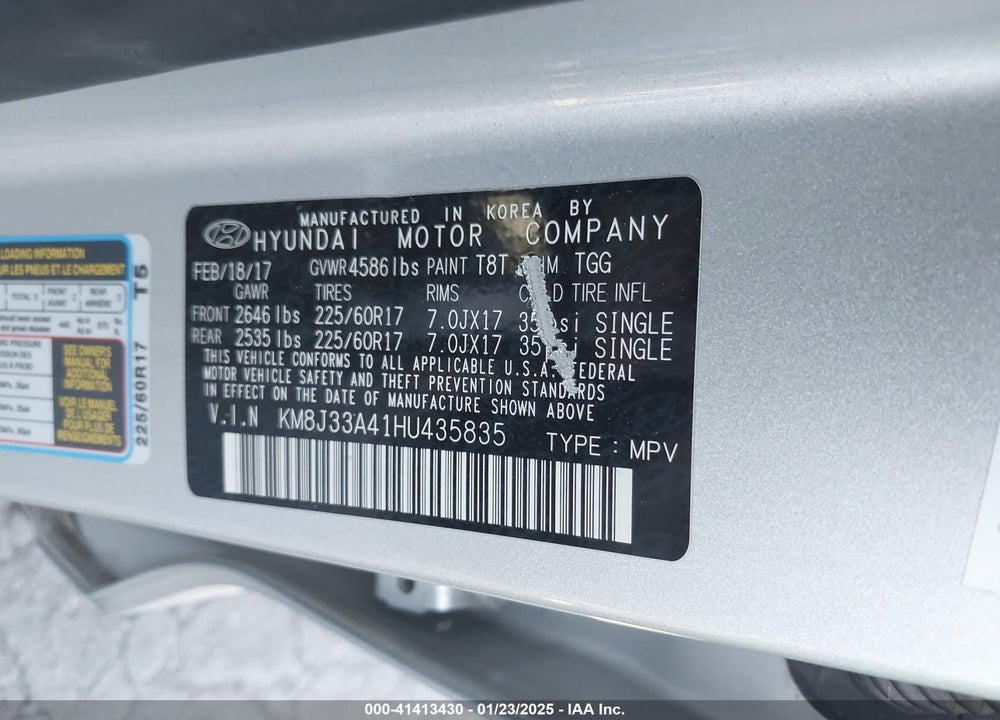 2017 HYUNDAI TUCSON SE VIN: KM8J33A41HU435835