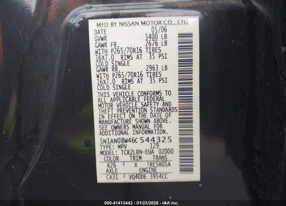 2006 NISSAN XTERRA S VIN: 5N1AN08W46C544325