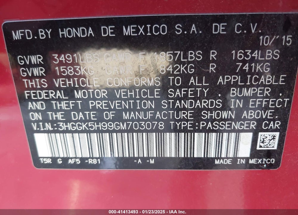 2016 HONDA FIT EX-L VIN: 3HGGK5H99GM703078
