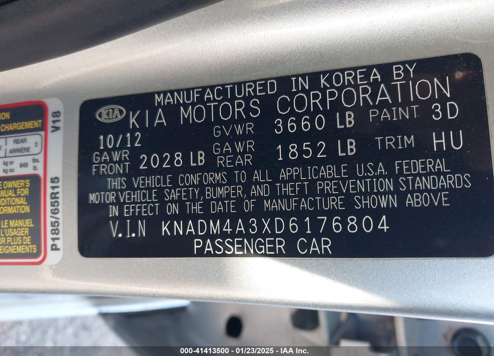 2013 KIA RIO LX VIN: KNADM4A3XD6176804